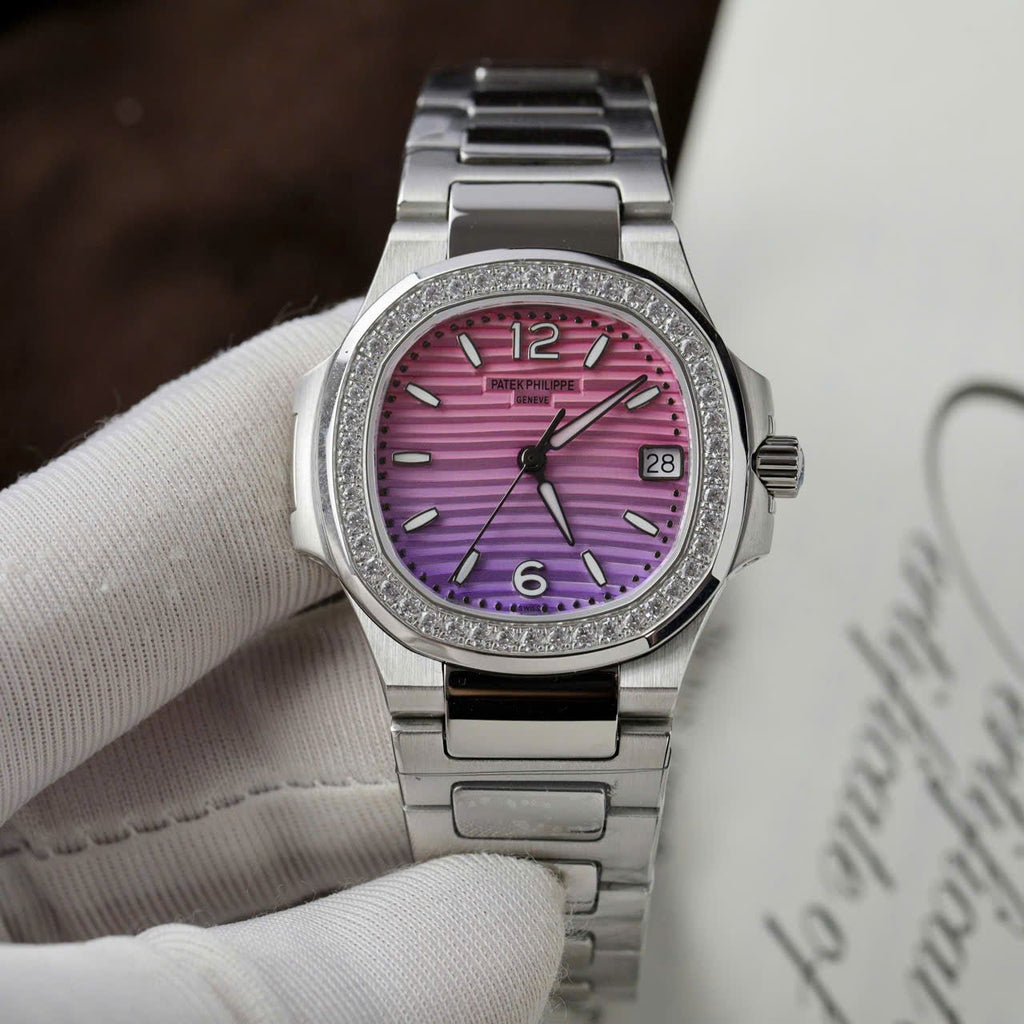 Patek Philippe Watch Nautilus 7010R Women Purple Pink Dial Bezel Diamonds 32mm