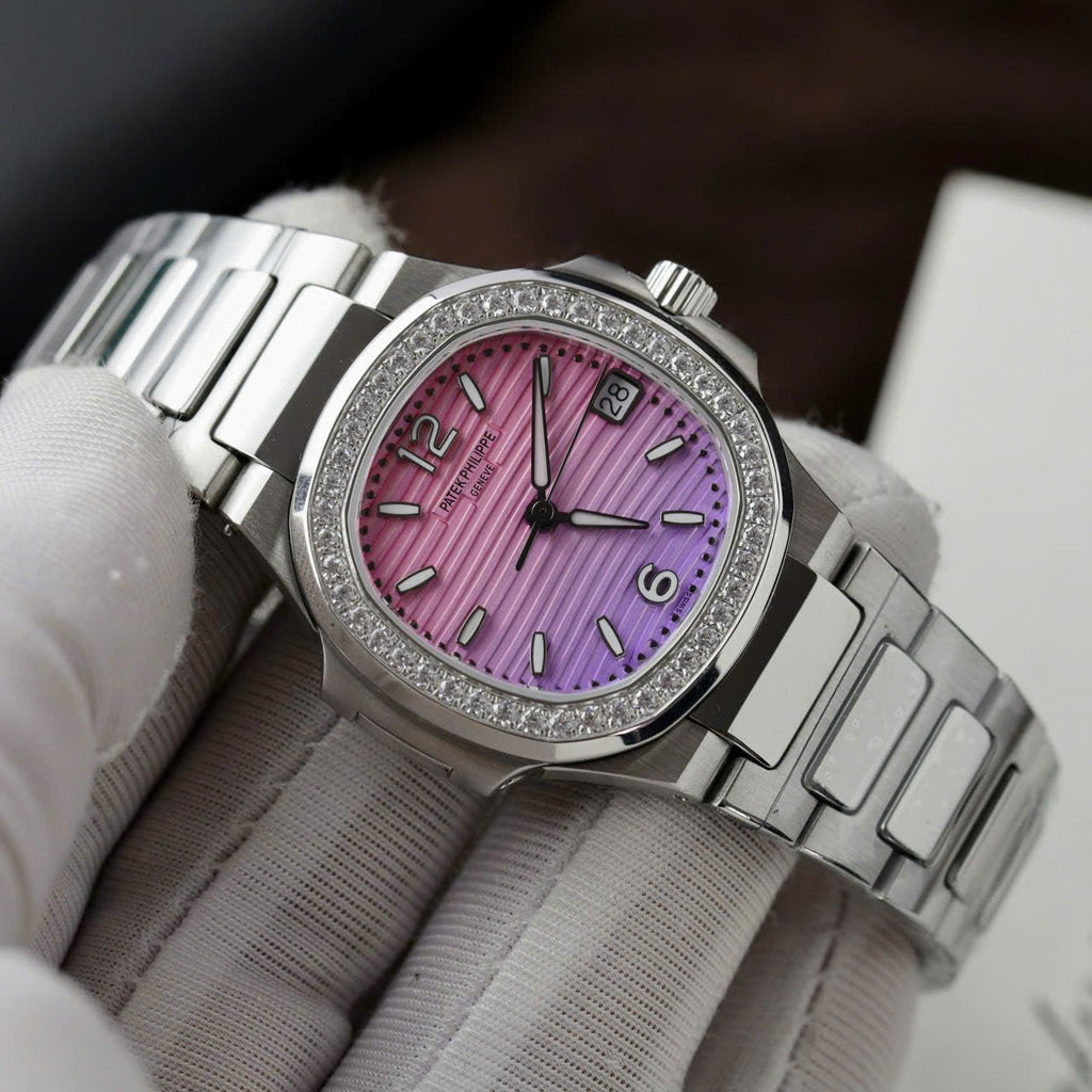 Patek Philippe Watch Nautilus 7010R Women Purple Pink Dial Bezel Diamonds 32mm