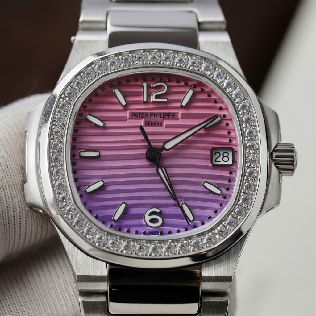Patek Philippe Watch Nautilus 7010R Women Purple Pink Dial Bezel Diamonds 32mm