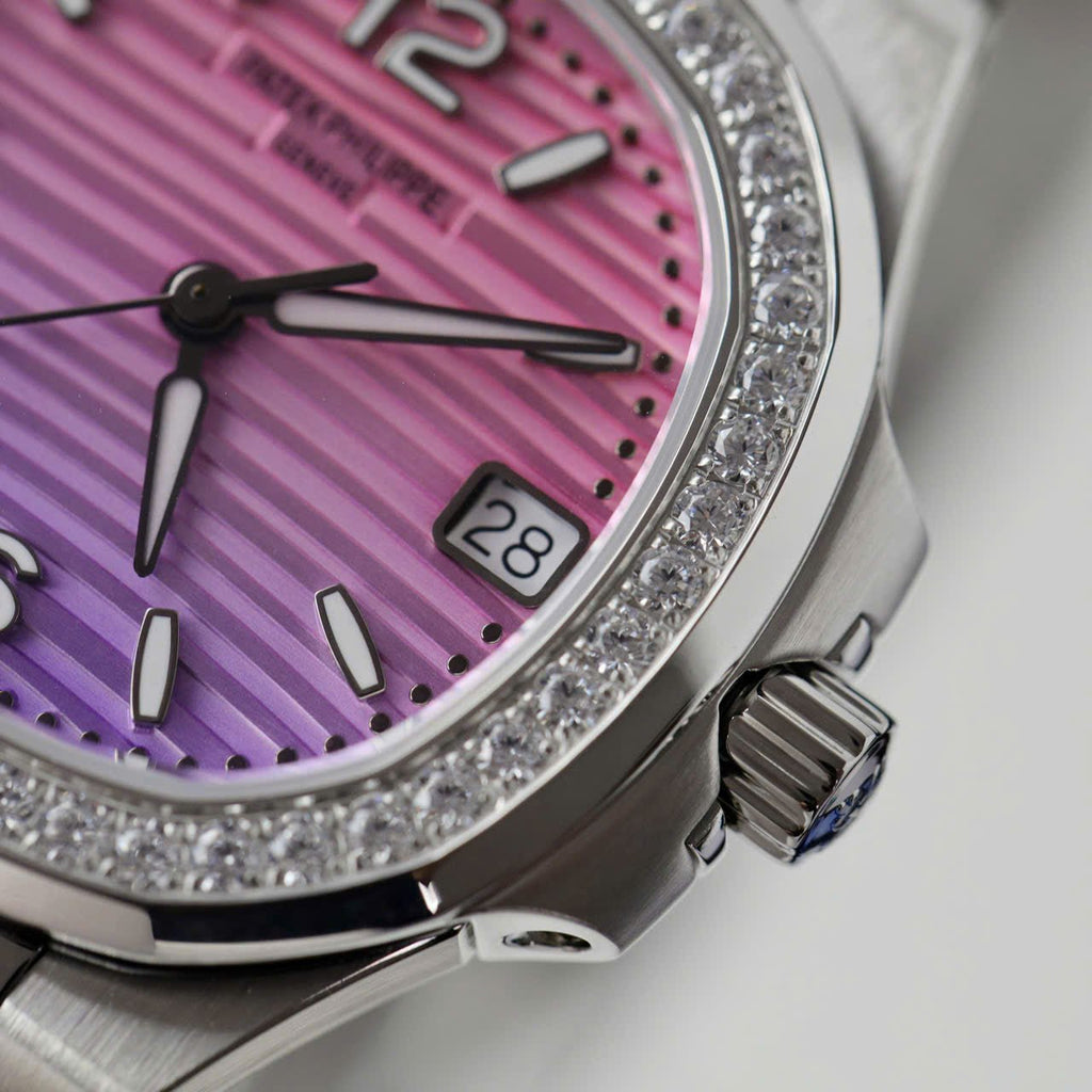 Patek Philippe Watch Nautilus 7010R Women Purple Pink Dial Bezel Diamonds 32mm