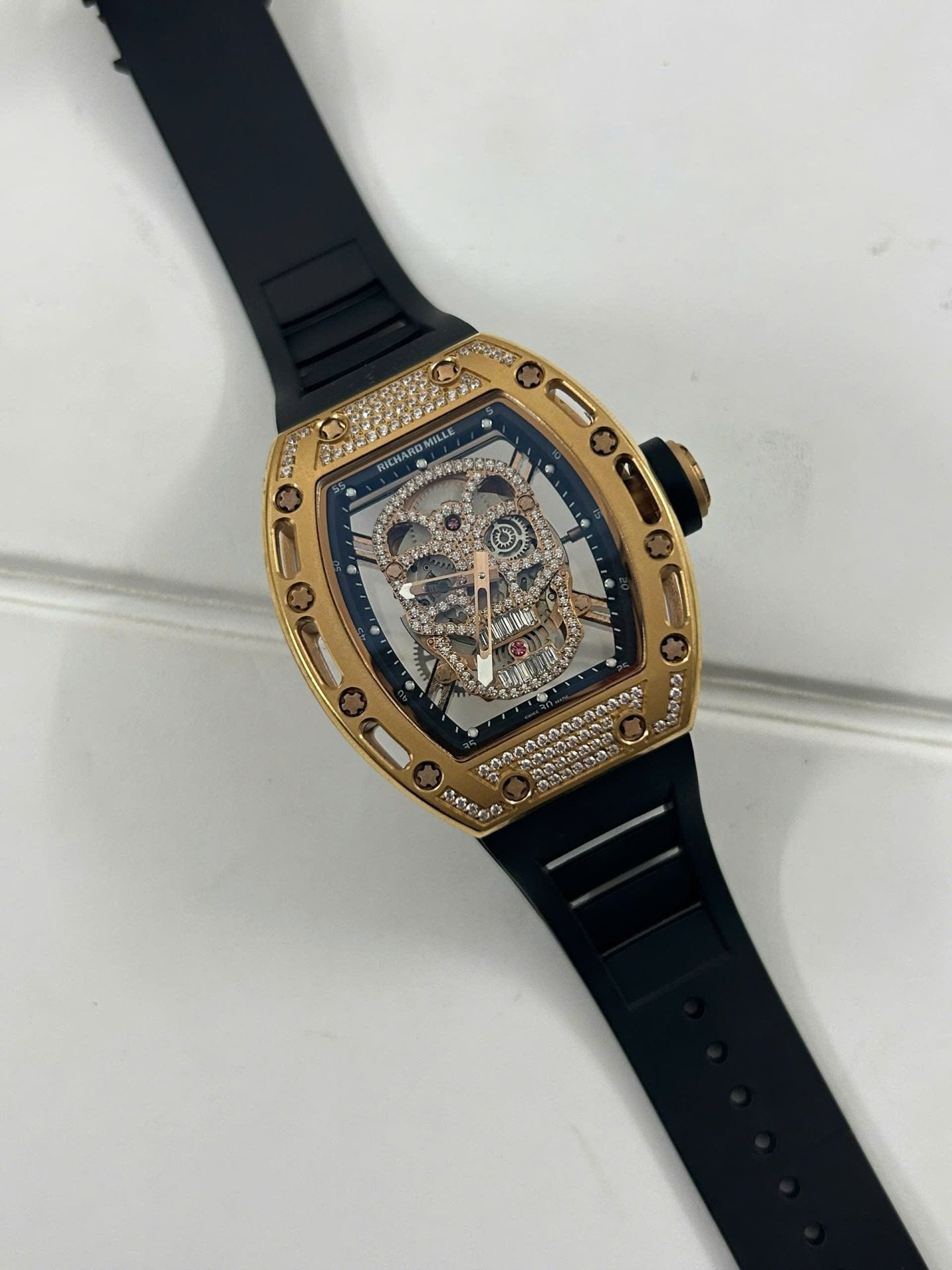Richard Mille Watch RM052 Rose Gold Skull Rubber Strap 42mm