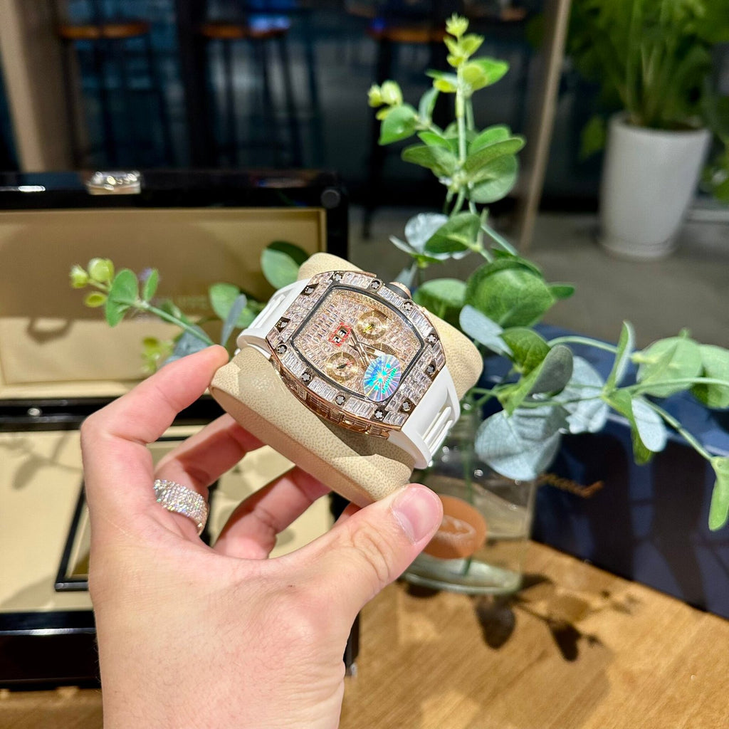 Richard Mille RM011 Watch Full Diamond White Rubber Strap 44mm