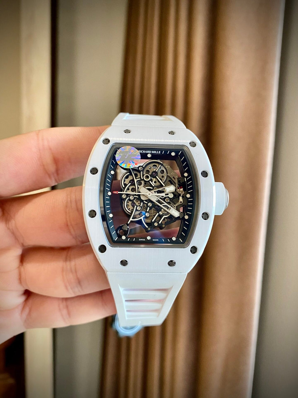 Richard Mille Watch RM055 White Ceramic Rubber Strap 45mm
