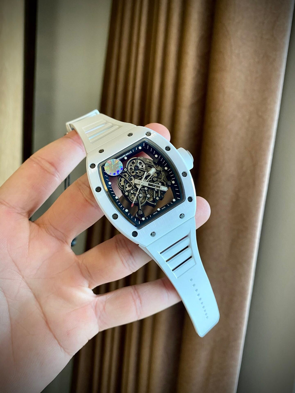 Richard Mille Watch RM055 White Ceramic Rubber Strap 45mm