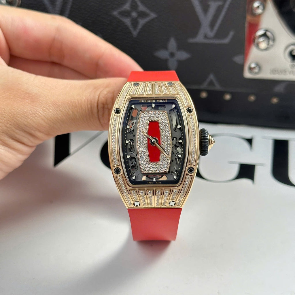Richard Mille RM07-01 Watch Diamonds Red Rubber Strap 36mm