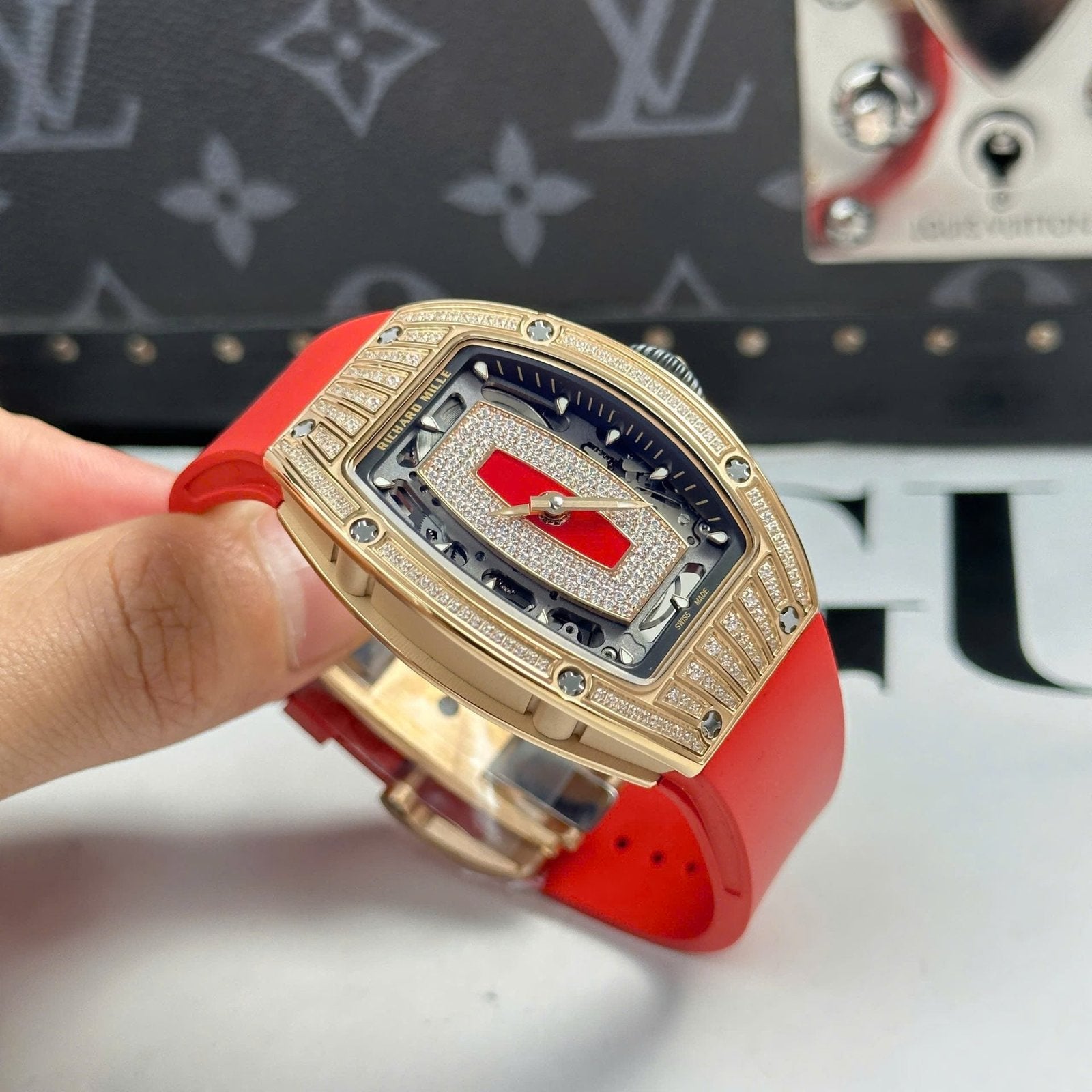 Richard Mille RM07-01 Watch Diamonds Red Rubber Strap 36mm