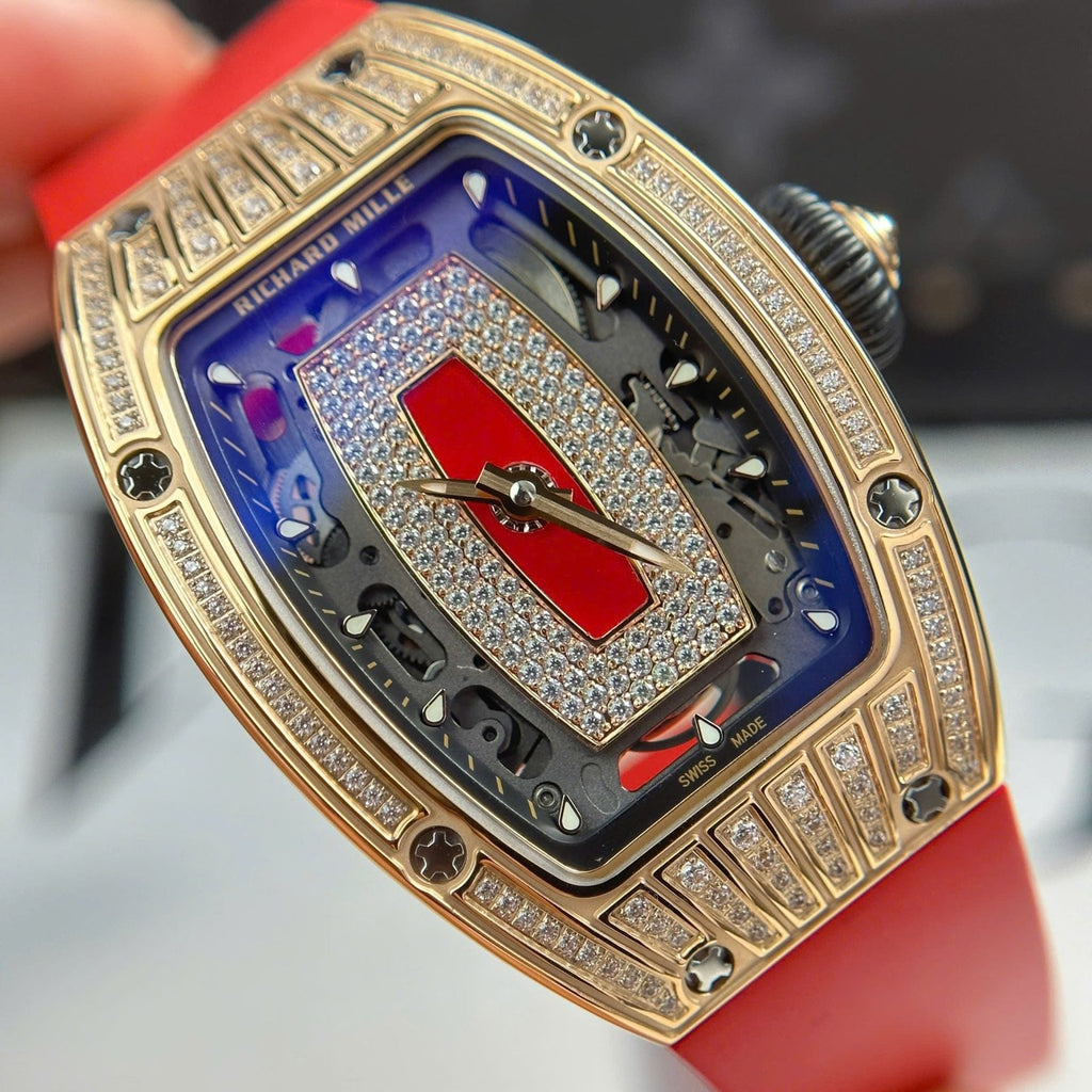 Richard Mille RM07-01 Watch Diamonds Red Rubber Strap 36mm