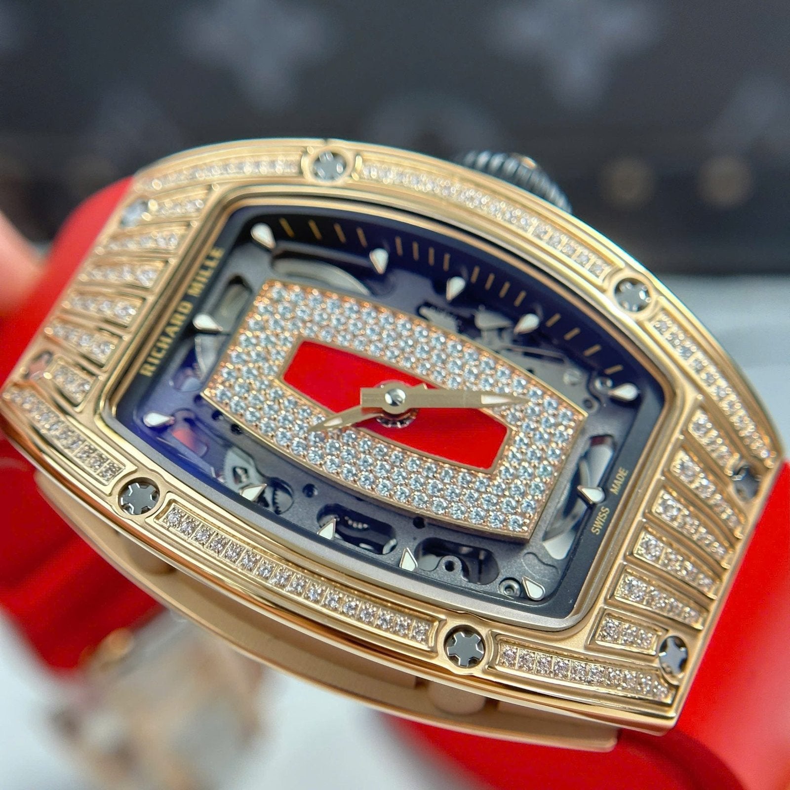 Richard Mille RM07-01 Watch Diamonds Red Rubber Strap 36mm