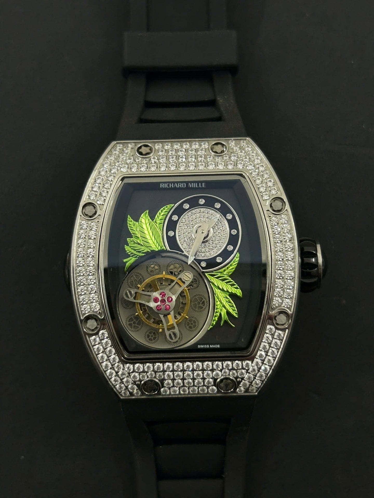 Richard Mille RM19-02  Watch Full Diamonds CZ Rubber Strap 44mm