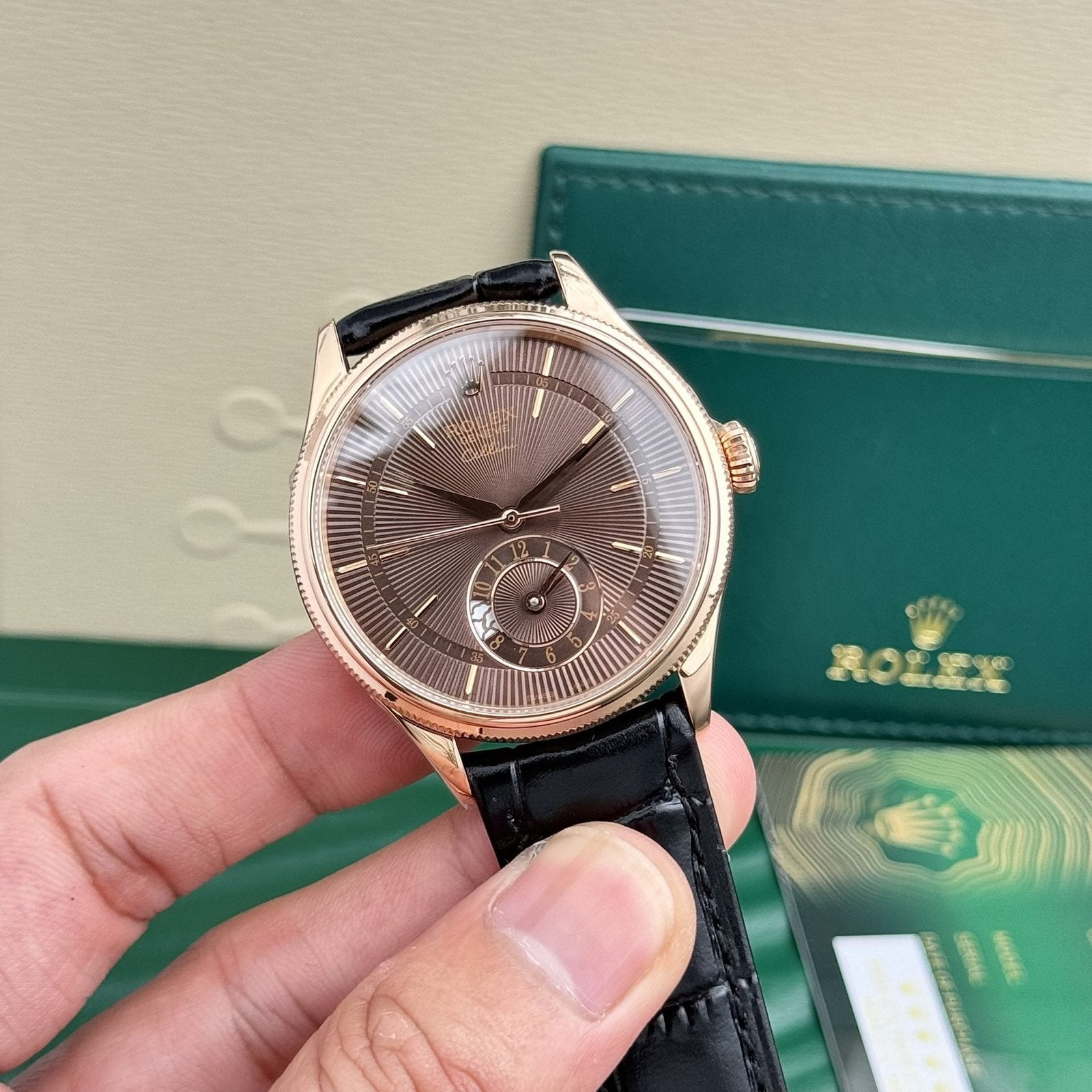Rolex Watch Cellini 50525 Chocolate Dial Leather Strap 39mm