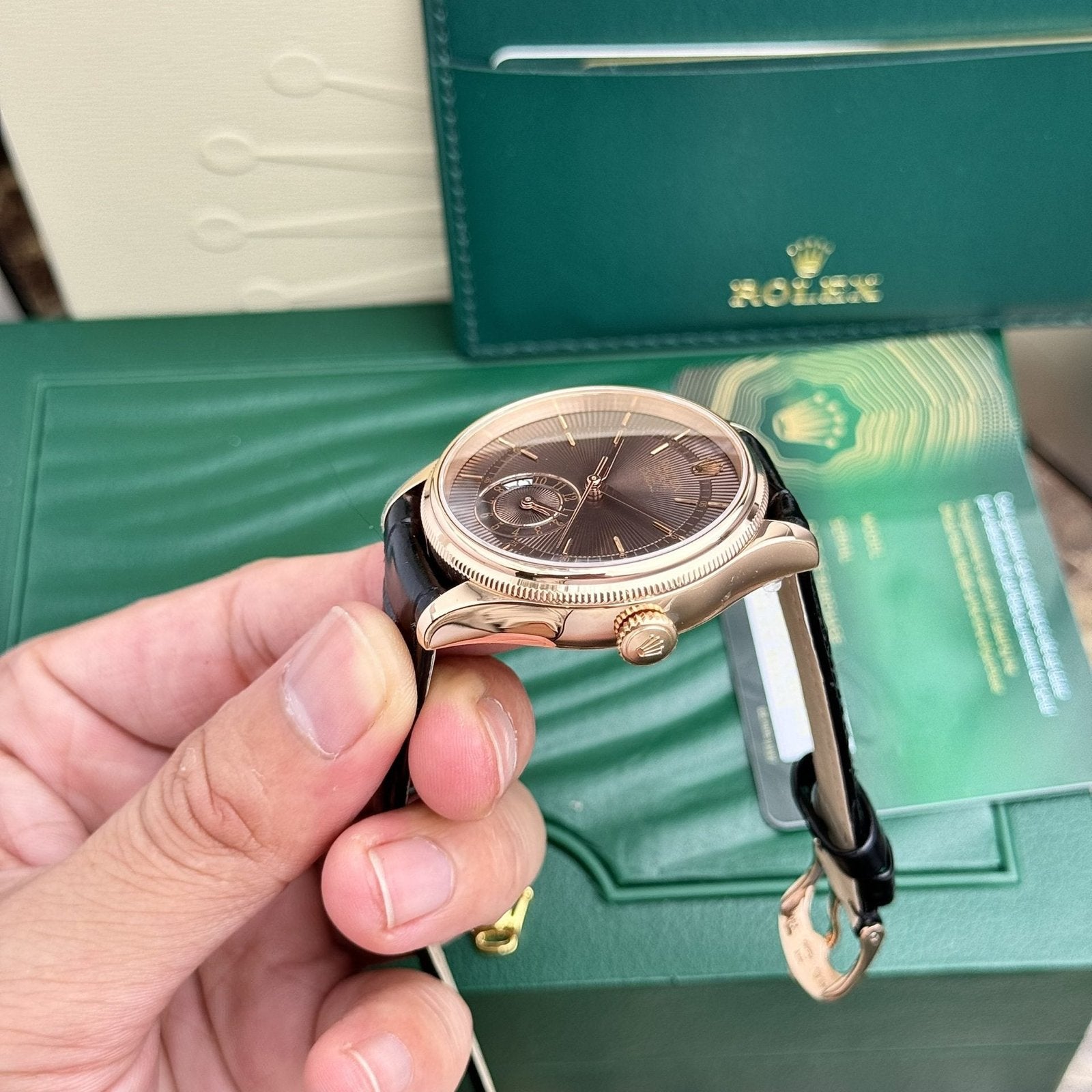 Rolex Watch Cellini 50525 Chocolate Dial Leather Strap 39mm