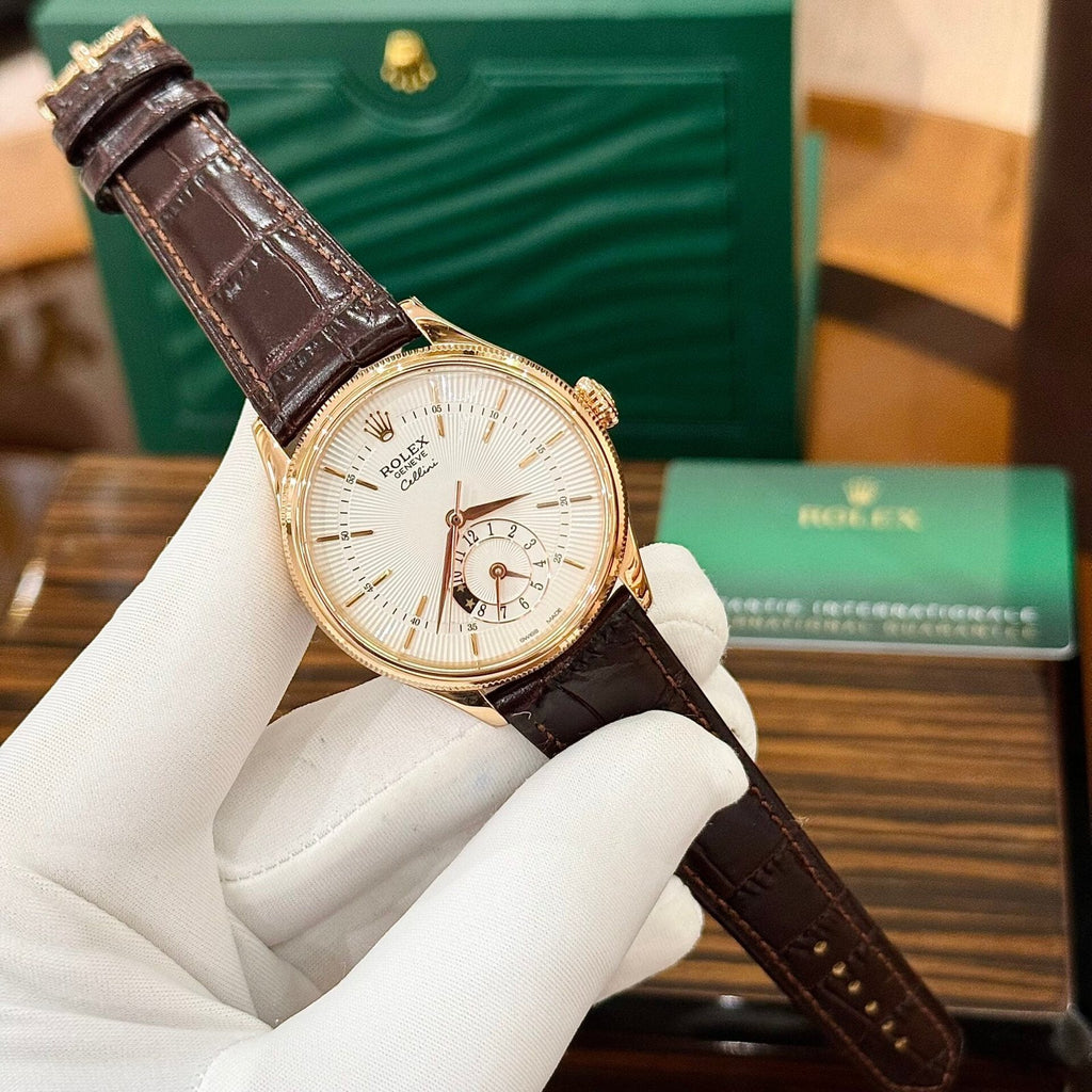 Rolex Cellini 50525 Watch Rose Gold Brown Strap 39mm