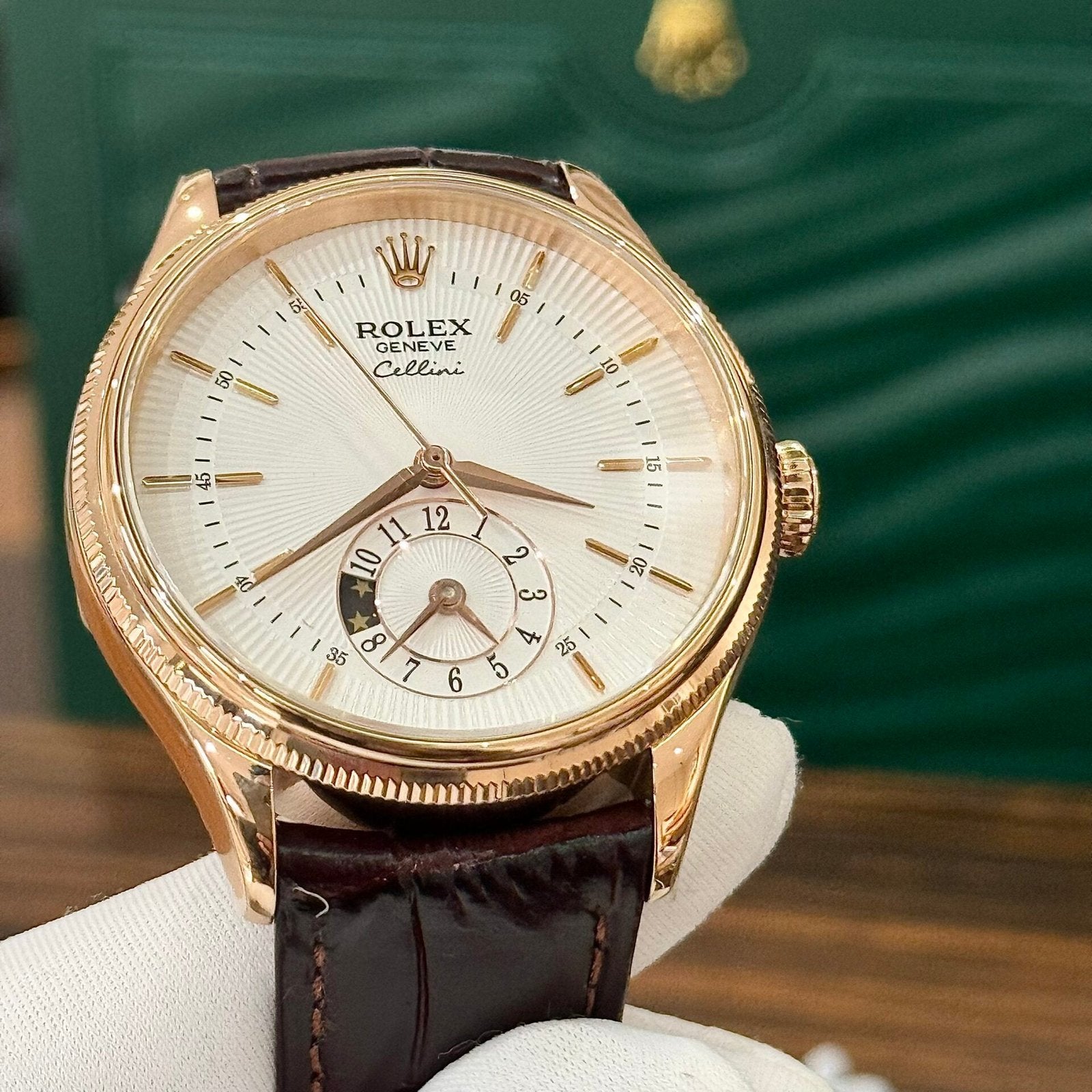 Rolex Cellini 50525 Watch Rose Gold Brown Strap 39mm