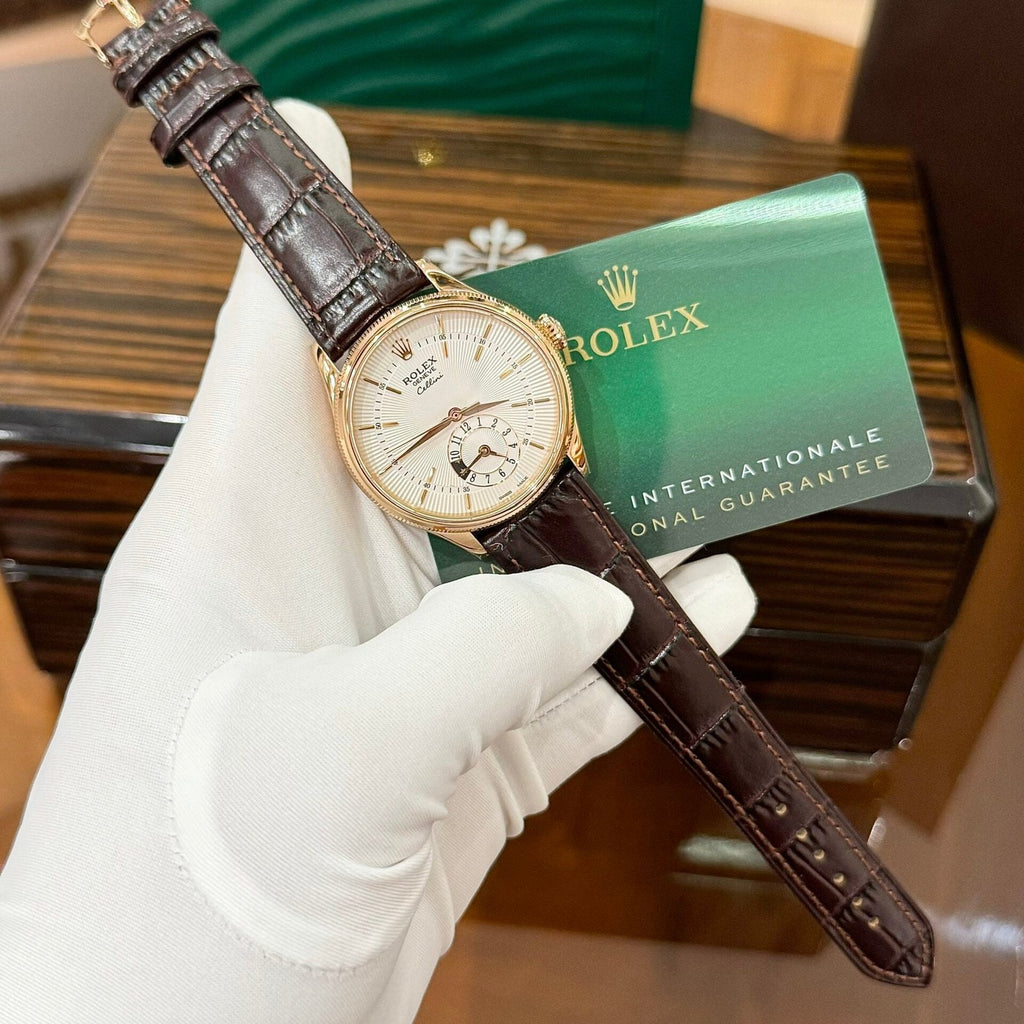 Rolex Cellini 50525 Watch Rose Gold Brown Strap 39mm