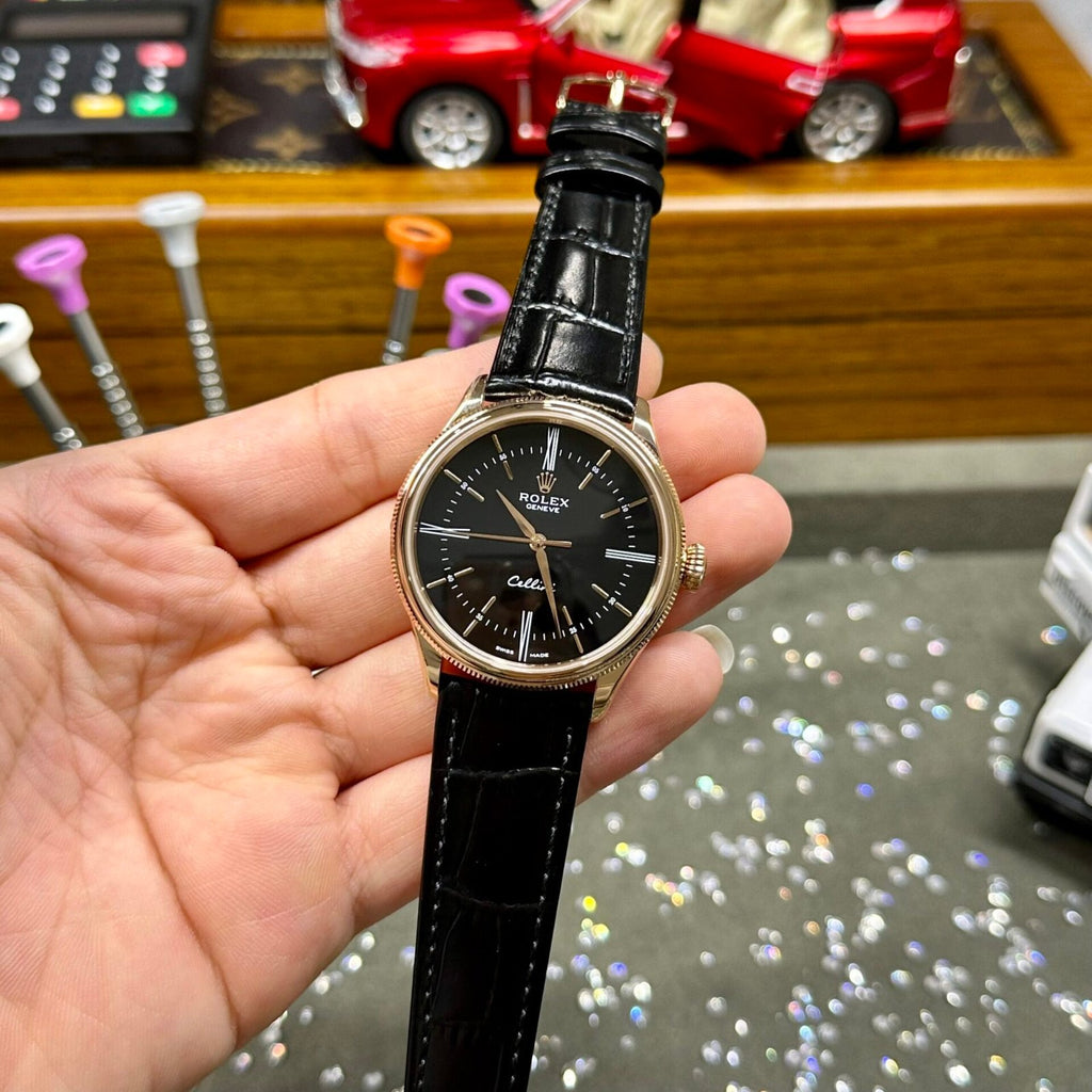 Rolex Watch Cellini Time 50505 Black Dial Leather Strap 39mm