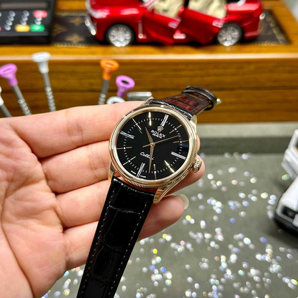 Rolex Watch Cellini Time 50505 Black Dial Leather Strap 39mm