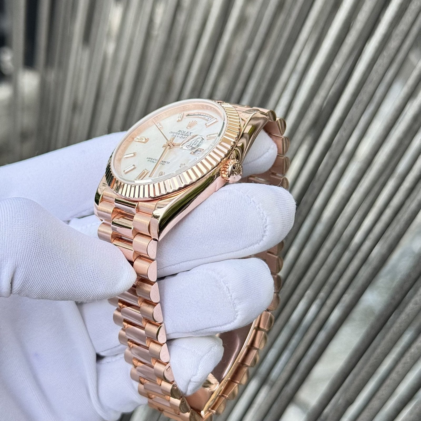 Rolex Watch Day-Date Mother Of Pearl Dial Moissanite Gold Wrapped 40mm