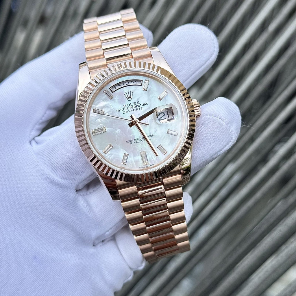 Rolex Watch Day-Date Mother Of Pearl Dial Moissanite Gold Wrapped 40mm