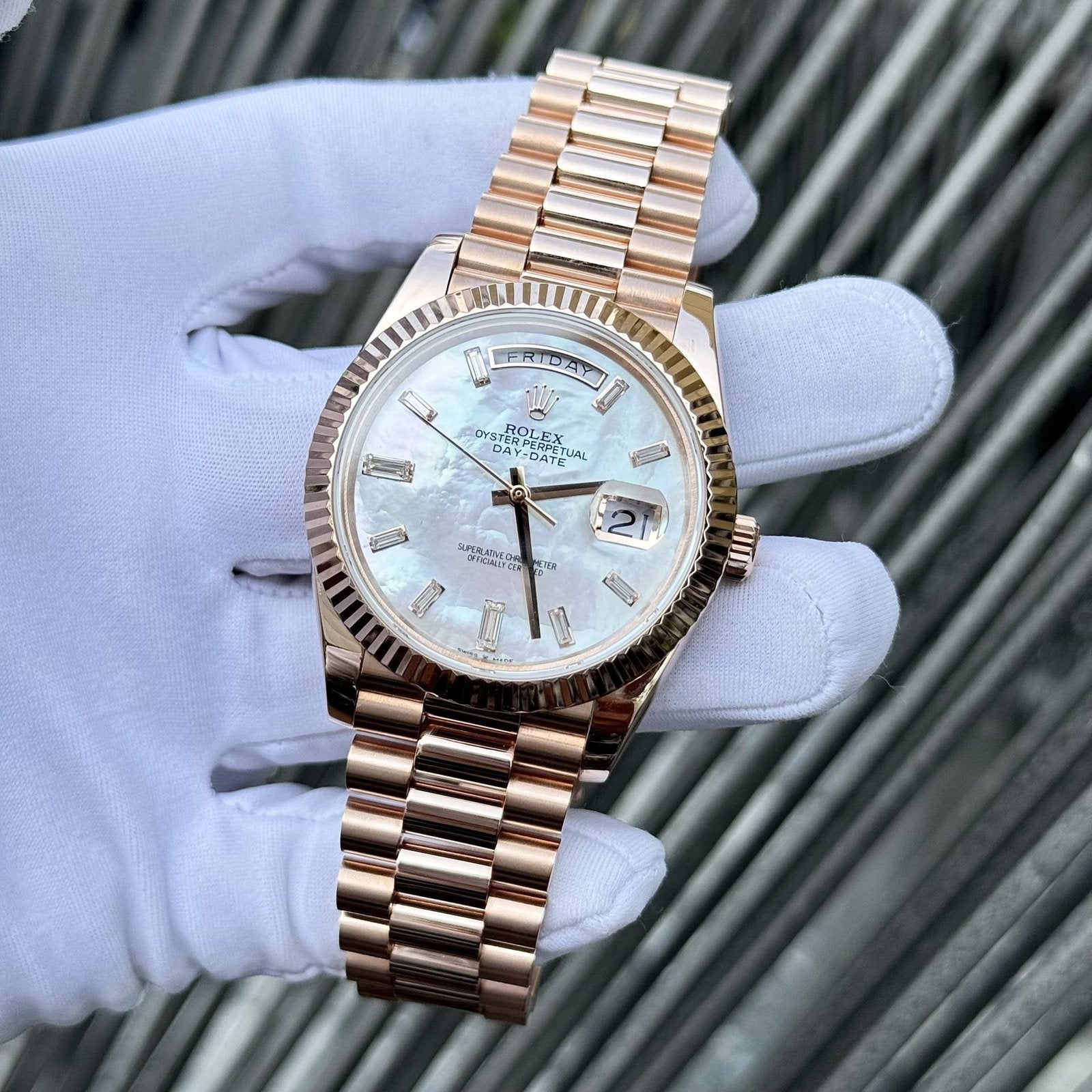 Rolex Watch Day-Date Mother Of Pearl Dial Moissanite Gold Wrapped 40mm