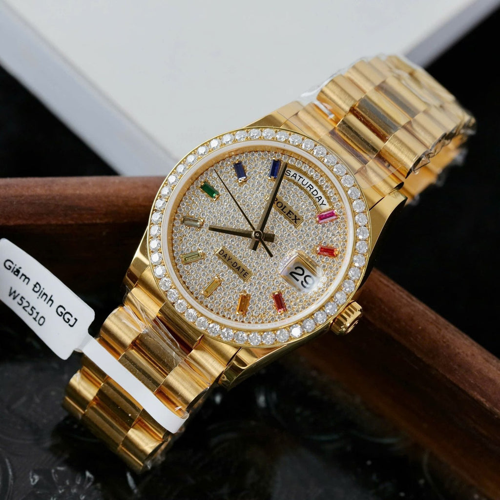 Rolex Day-Date Watch 18K Gold Wrapped + Moissanite Diamonds 36mm