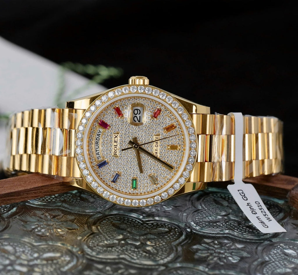 Rolex Day-Date Watch 18K Gold Wrapped + Moissanite Diamonds 36mm