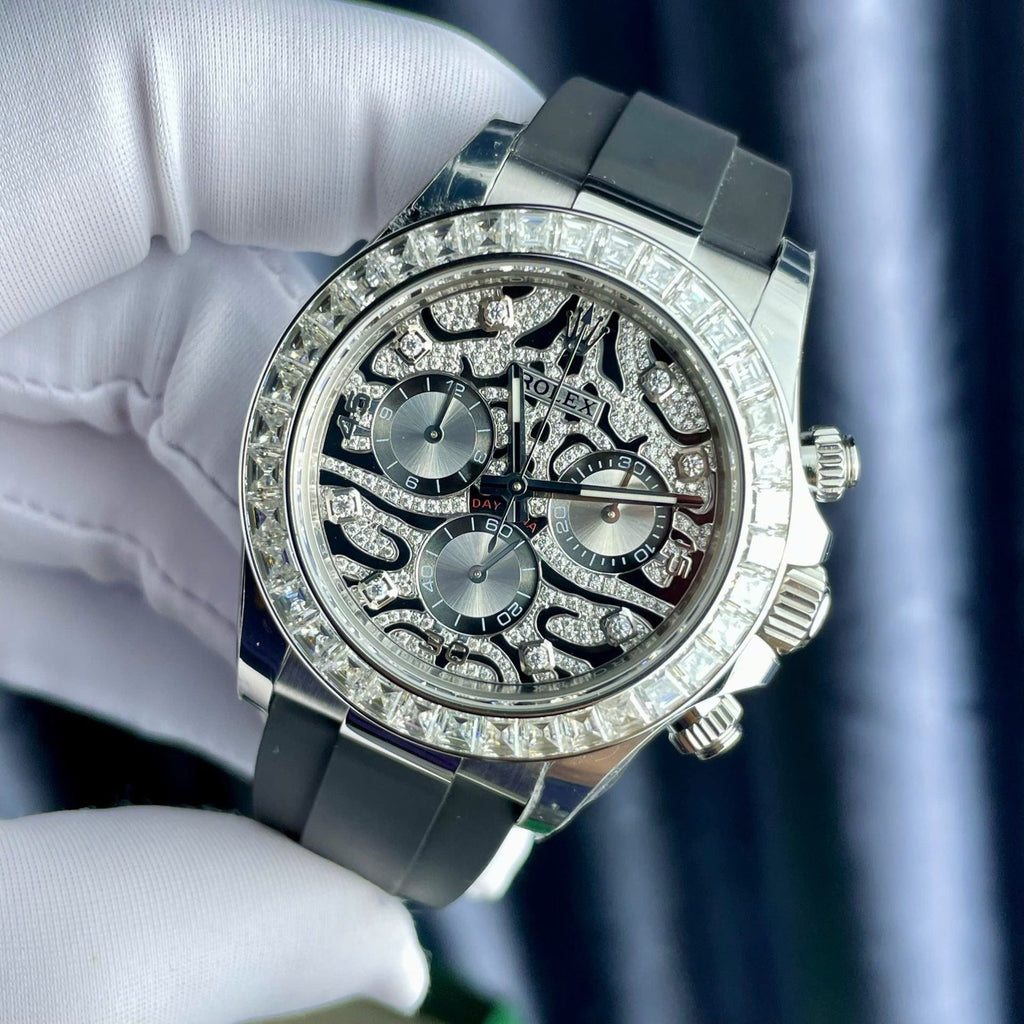 Rolex Cosmograph Daytona Eye Of The Tiger Watch Moissanite Baguette Diamonds 40mm
