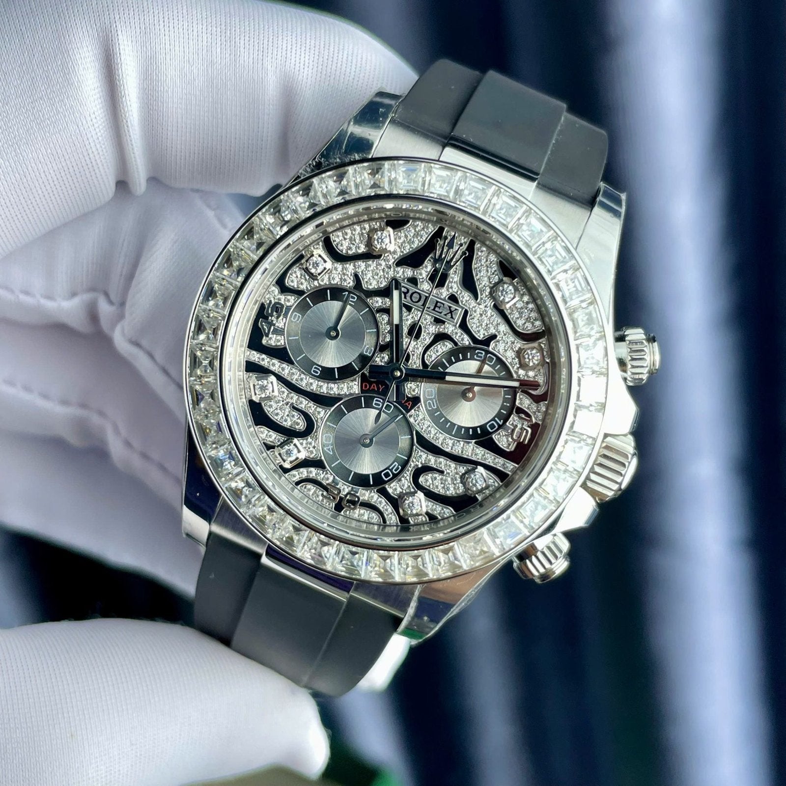 Rolex Cosmograph Daytona Eye Of The Tiger Watch Moissanite Baguette Diamonds 40mm