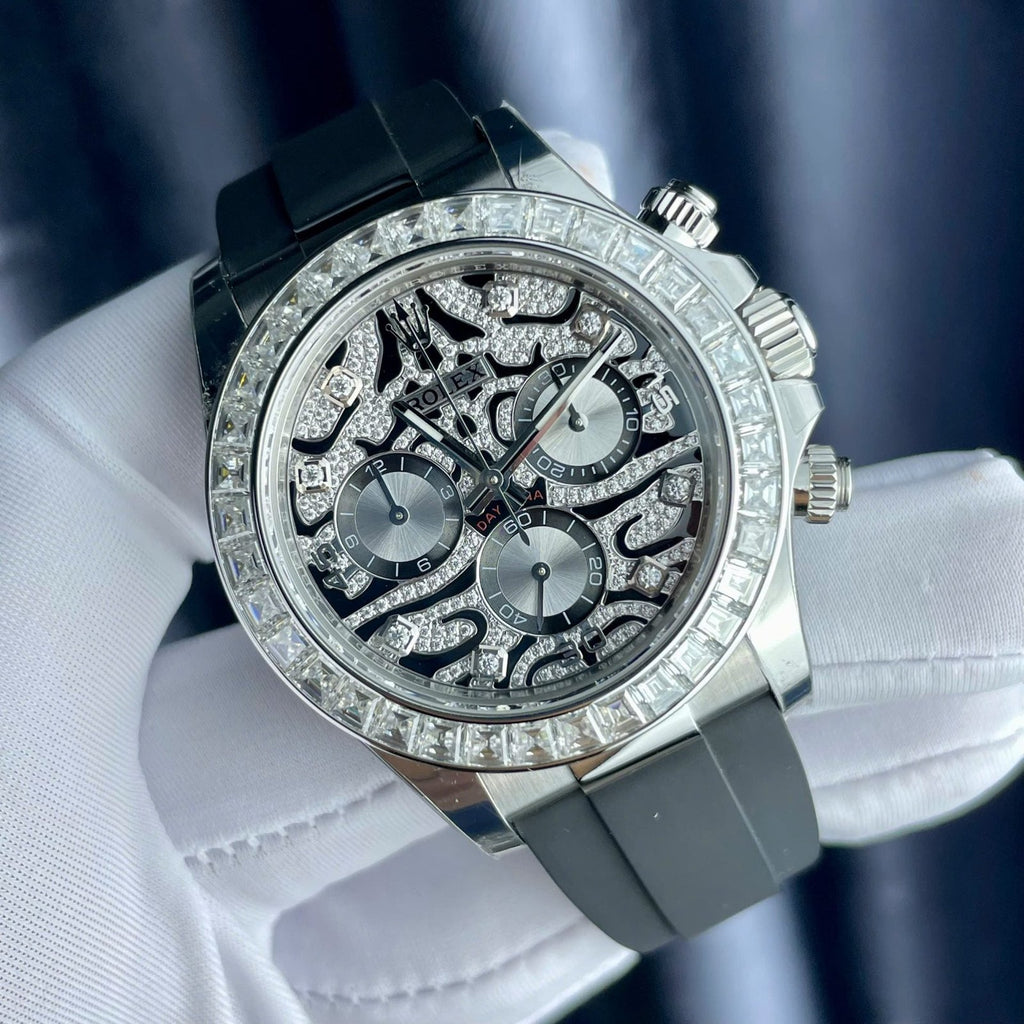 Rolex Cosmograph Daytona Eye Of The Tiger Watch Moissanite Baguette Diamonds 40mm