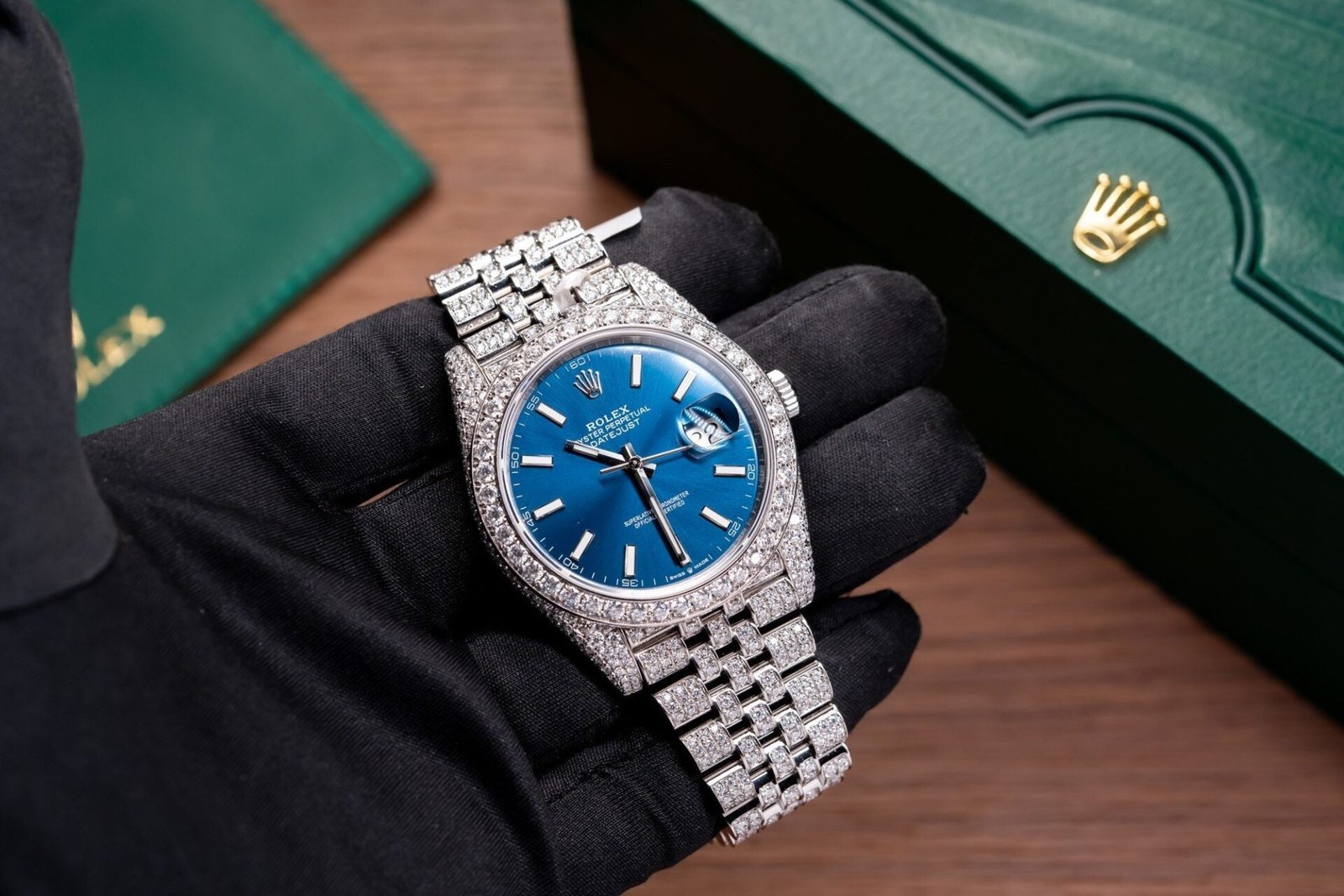 Rolex Date Just 126334 Watch Blue Dial Full Diamond Moissanite 41mm