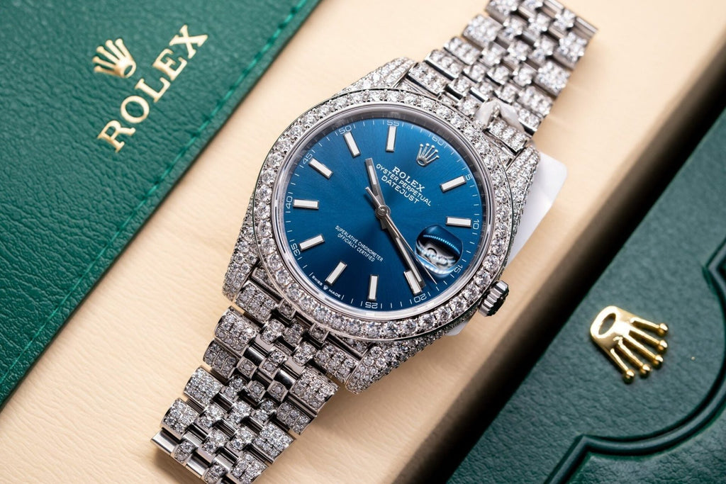 Rolex Date Just 126334 Watch Blue Dial Full Diamond Moissanite 41mm