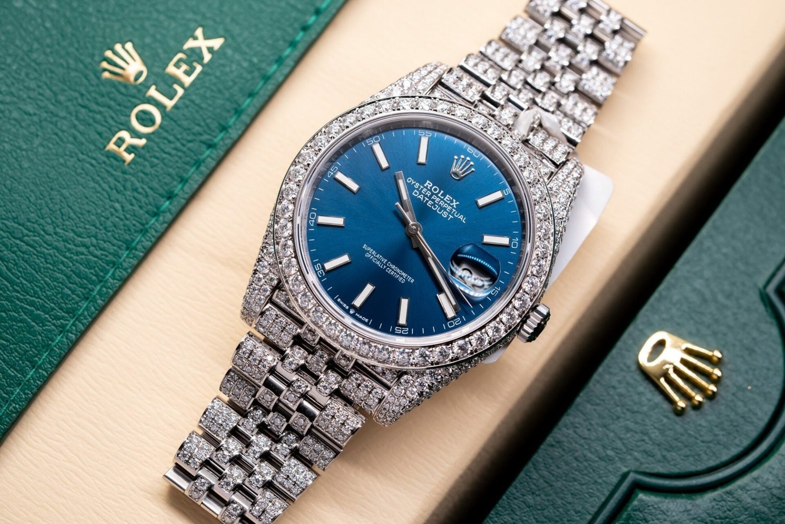 Rolex Date Just 126334 Watch Blue Dial Full Diamond Moissanite 41mm