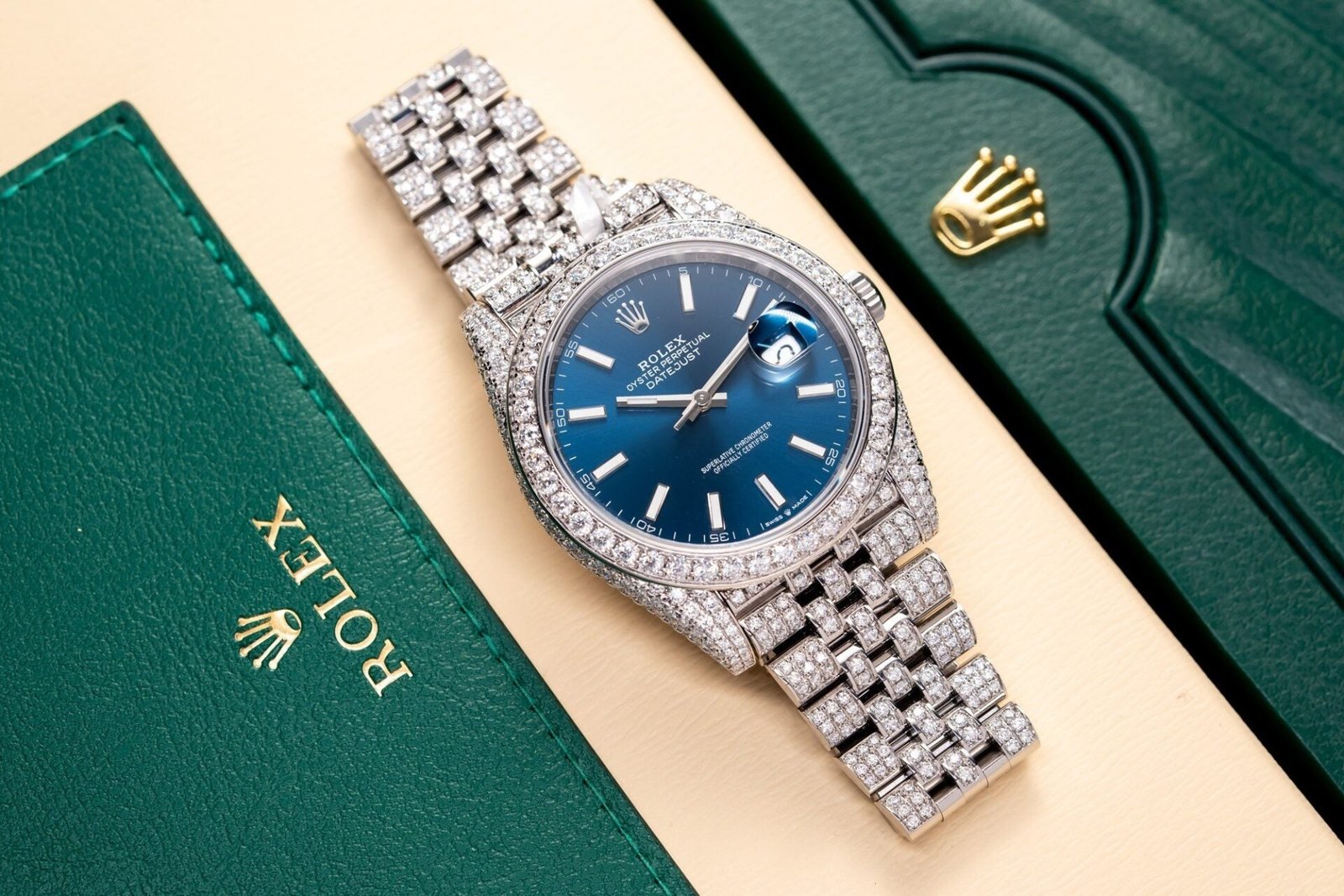 Rolex Date Just 126334 Watch Blue Dial Full Diamond Moissanite 41mm