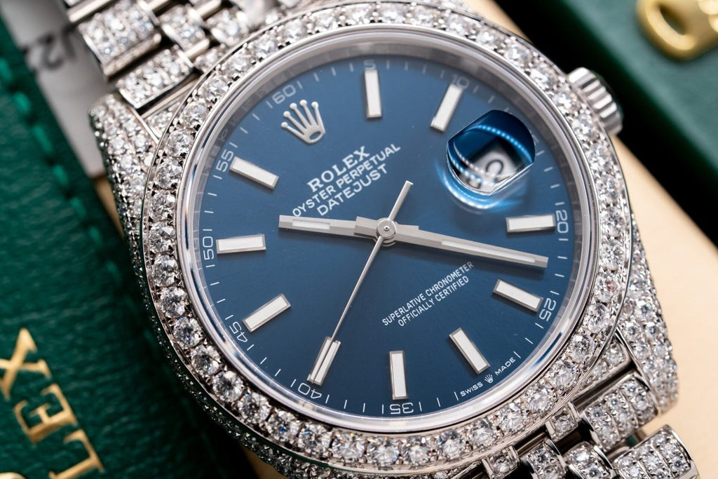 Rolex Date Just 126334 Watch Blue Dial Full Diamond Moissanite 41mm