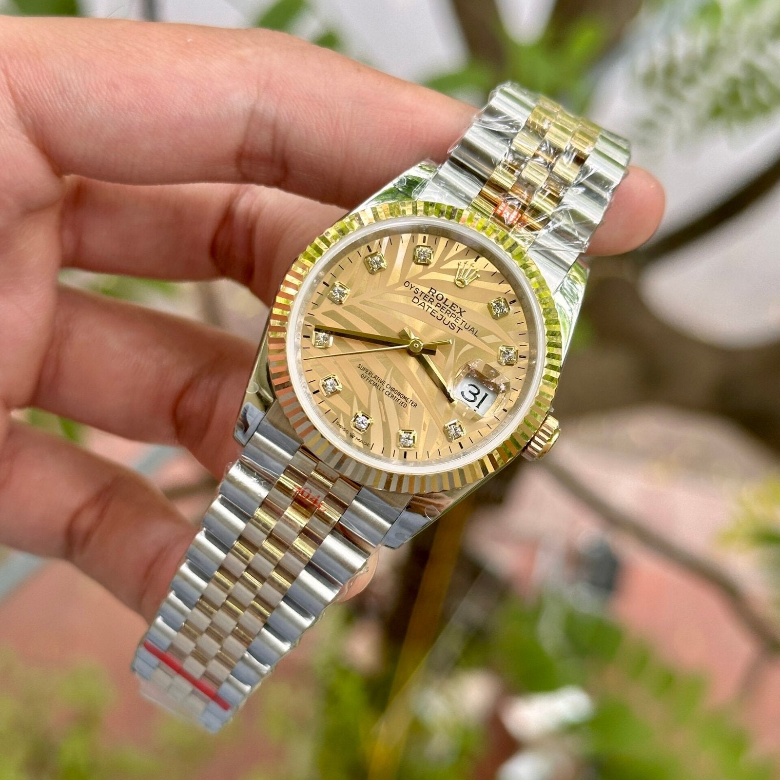 Rolex DateJust 18K Gold Wrapped Watch Palm Leaf Dial 36mm