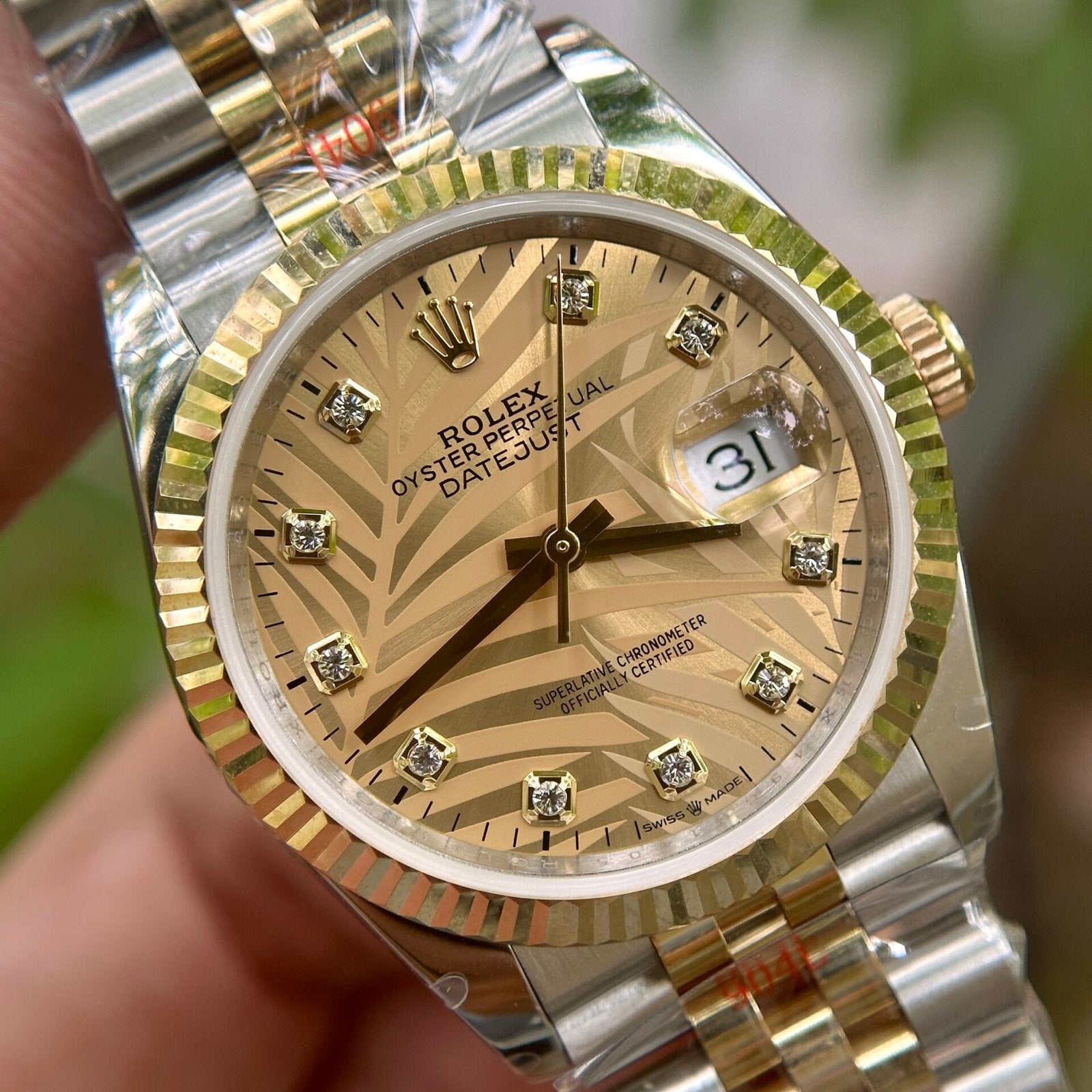 Rolex DateJust 18K Gold Wrapped Watch Palm Leaf Dial 36mm
