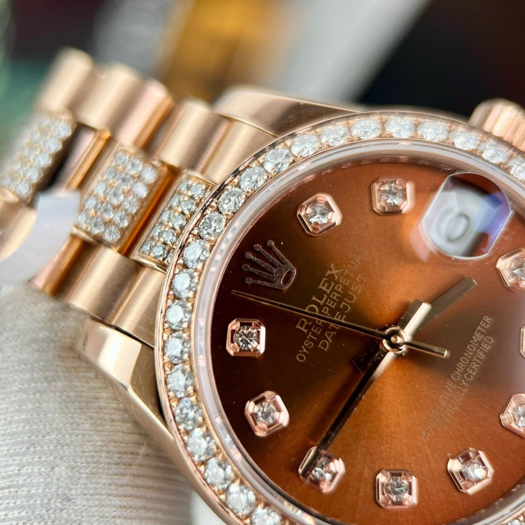 Rolex DateJust Gold Wrapped Moissanite Watch With Chocolate Dial 31mm