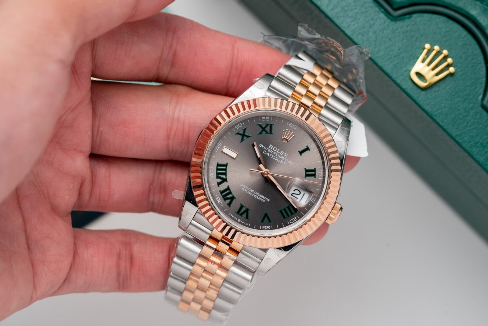 Rolex Watch Date Just Rose Gold Wrapped Wimbledon Dial 41mm