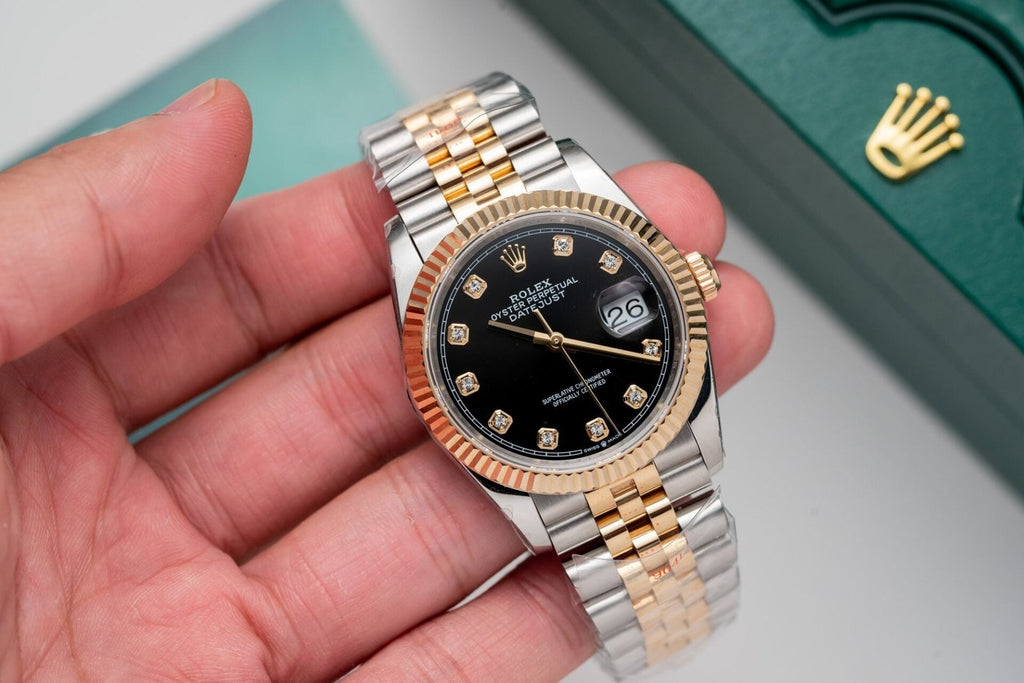 Rolex Date Just Black Dial Gold Wrapped Watch 36mm