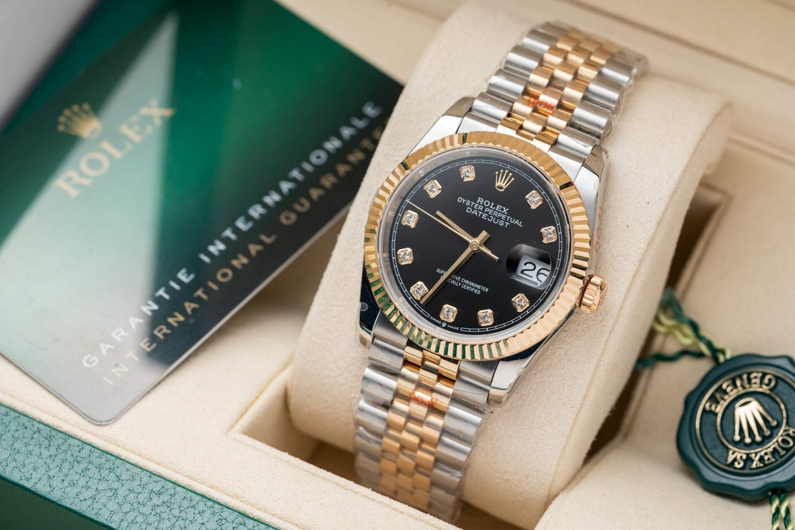 Rolex Date Just Black Dial Gold Wrapped Watch 36mm