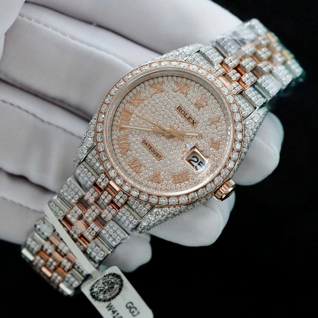 Rolex DateJust Watch 18K Gold Wrapped + Full Moissanite Diamonds 36mm
