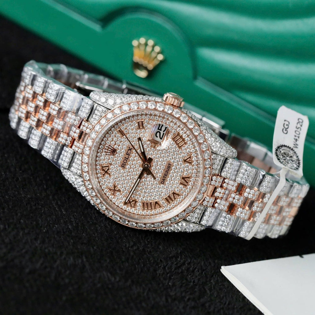 Rolex DateJust Watch 18K Gold Wrapped + Full Moissanite Diamonds 36mm