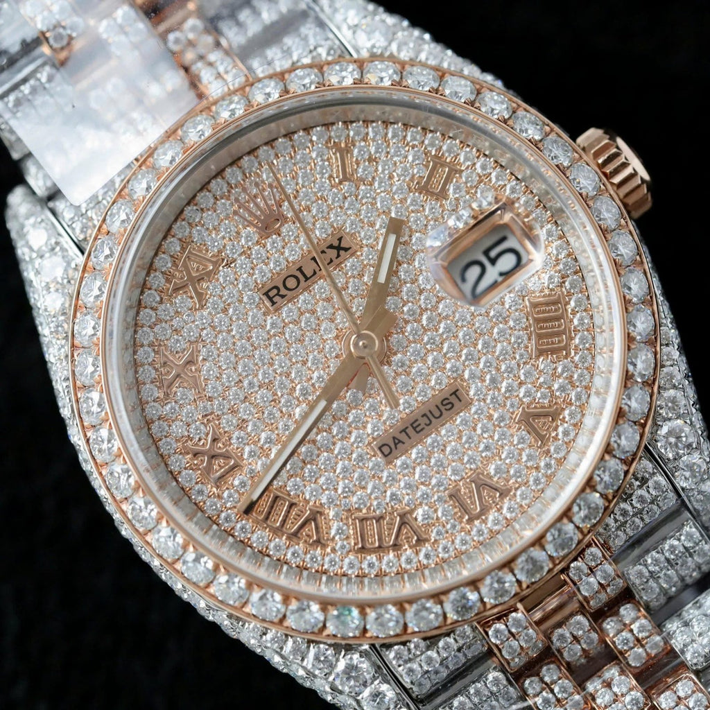 Rolex DateJust Watch 18K Gold Wrapped + Full Moissanite Diamonds 36mm