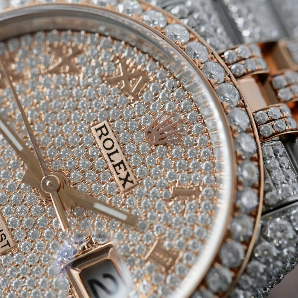 Rolex DateJust Watch 18K Gold Wrapped + Full Moissanite Diamonds 36mm