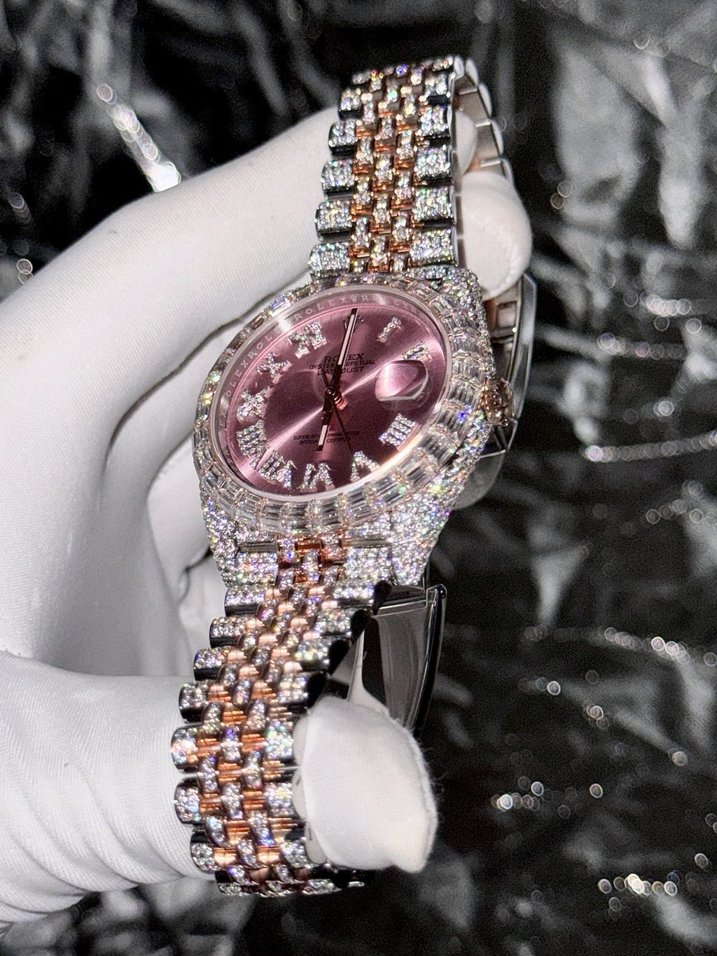 Rolex Watch Date Just With Full Moissanite Diamond Pink Dial 41mm
