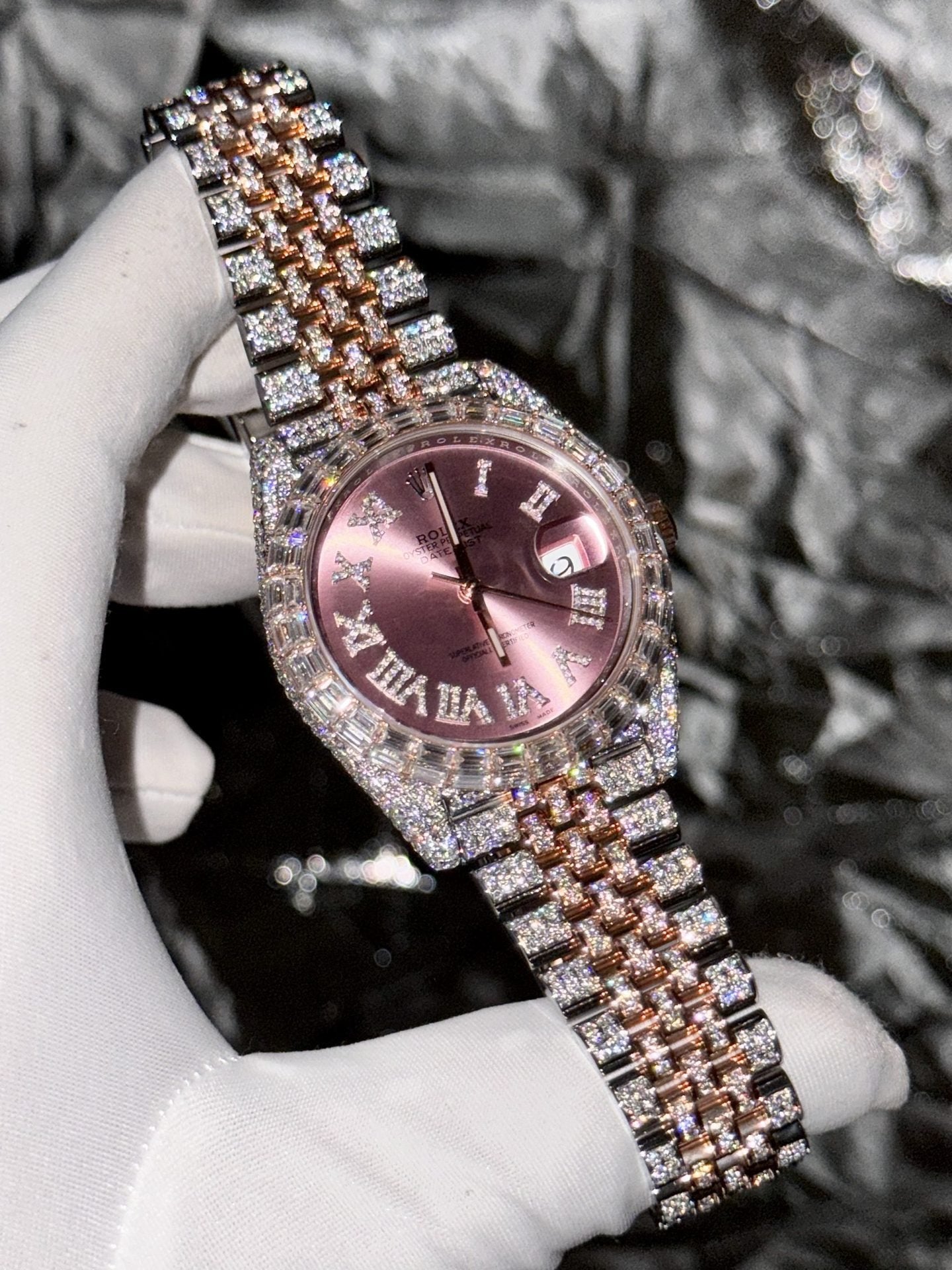 Rolex Watch Date Just With Full Moissanite Diamond Pink Dial 41mm