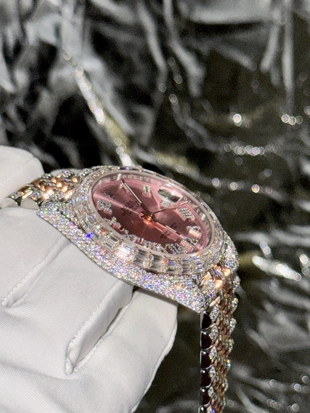 Rolex Watch Date Just With Full Moissanite Diamond Pink Dial 41mm