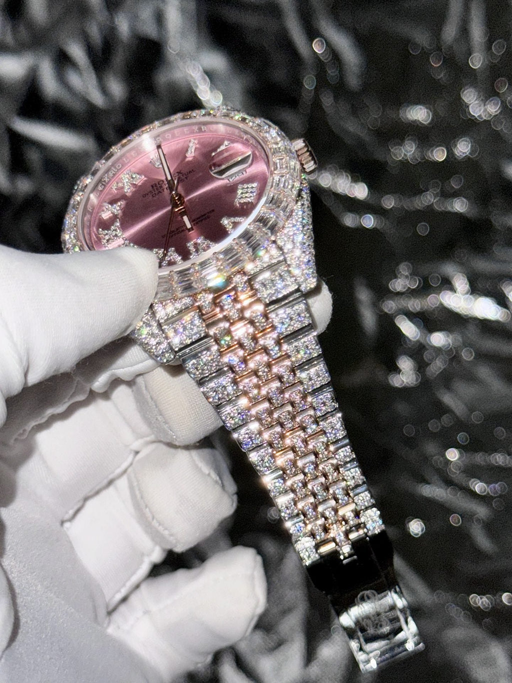Rolex Watch Date Just With Full Moissanite Diamond Pink Dial 41mm