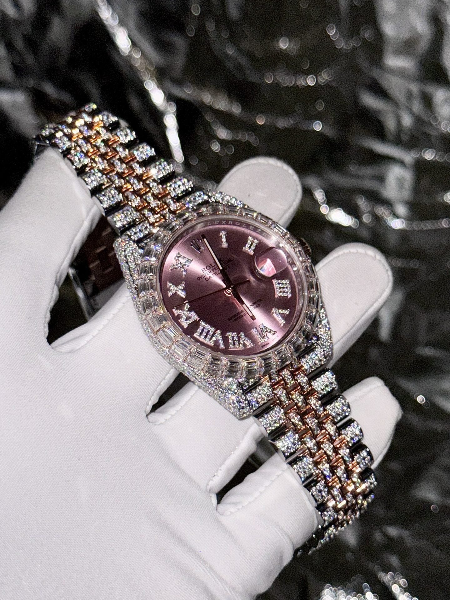 Rolex Watch Date Just With Full Moissanite Diamond Pink Dial 41mm
