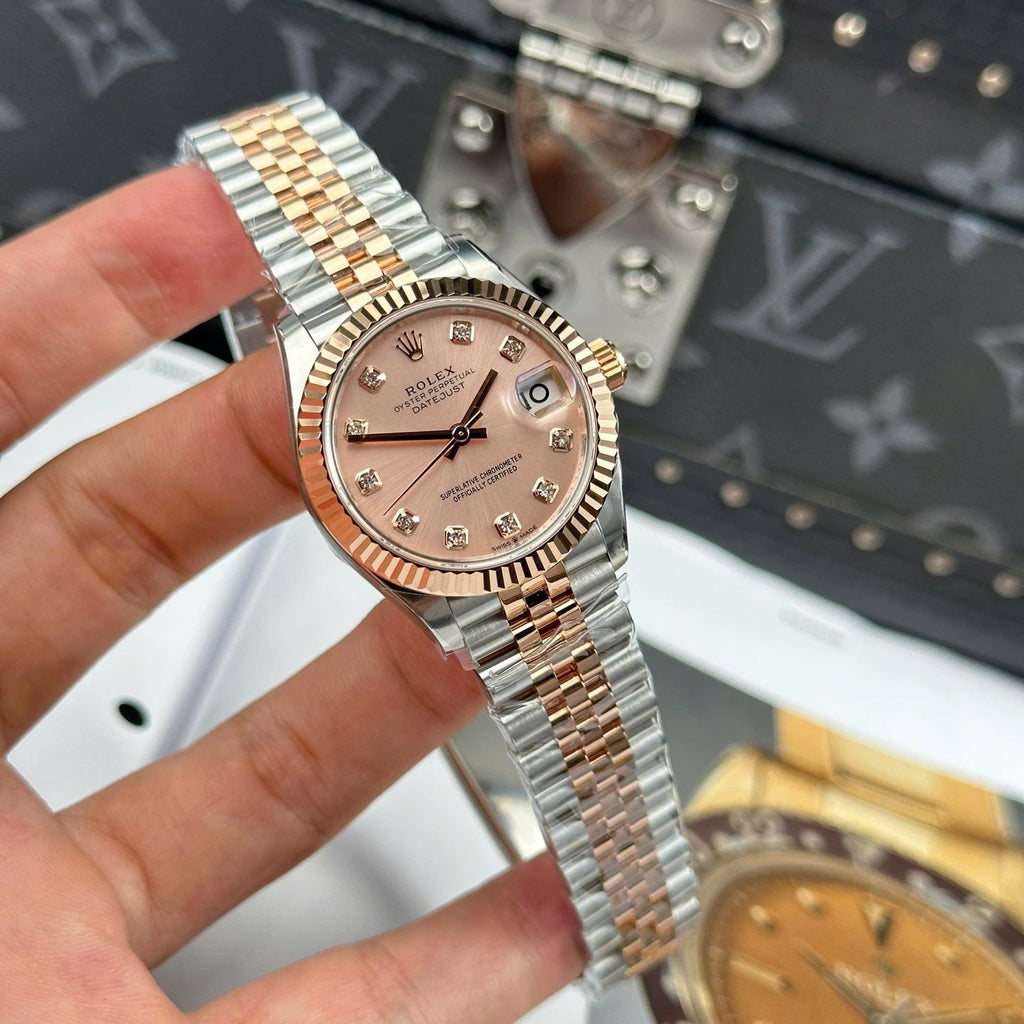 Rolex DateJust Women Demi Rose Gold Watch Pink Dial 31mm