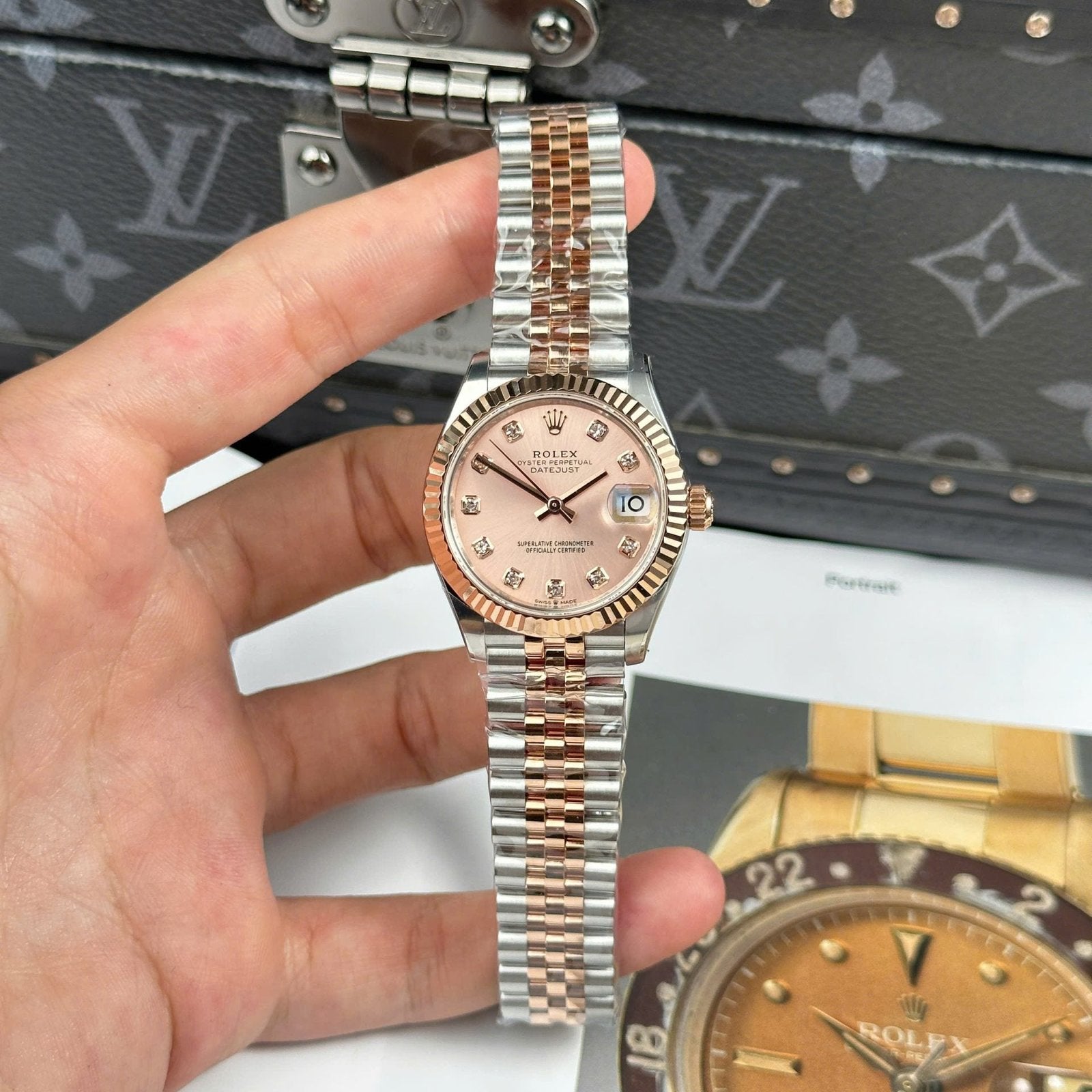 Rolex DateJust Women Demi Rose Gold Watch Pink Dial 31mm